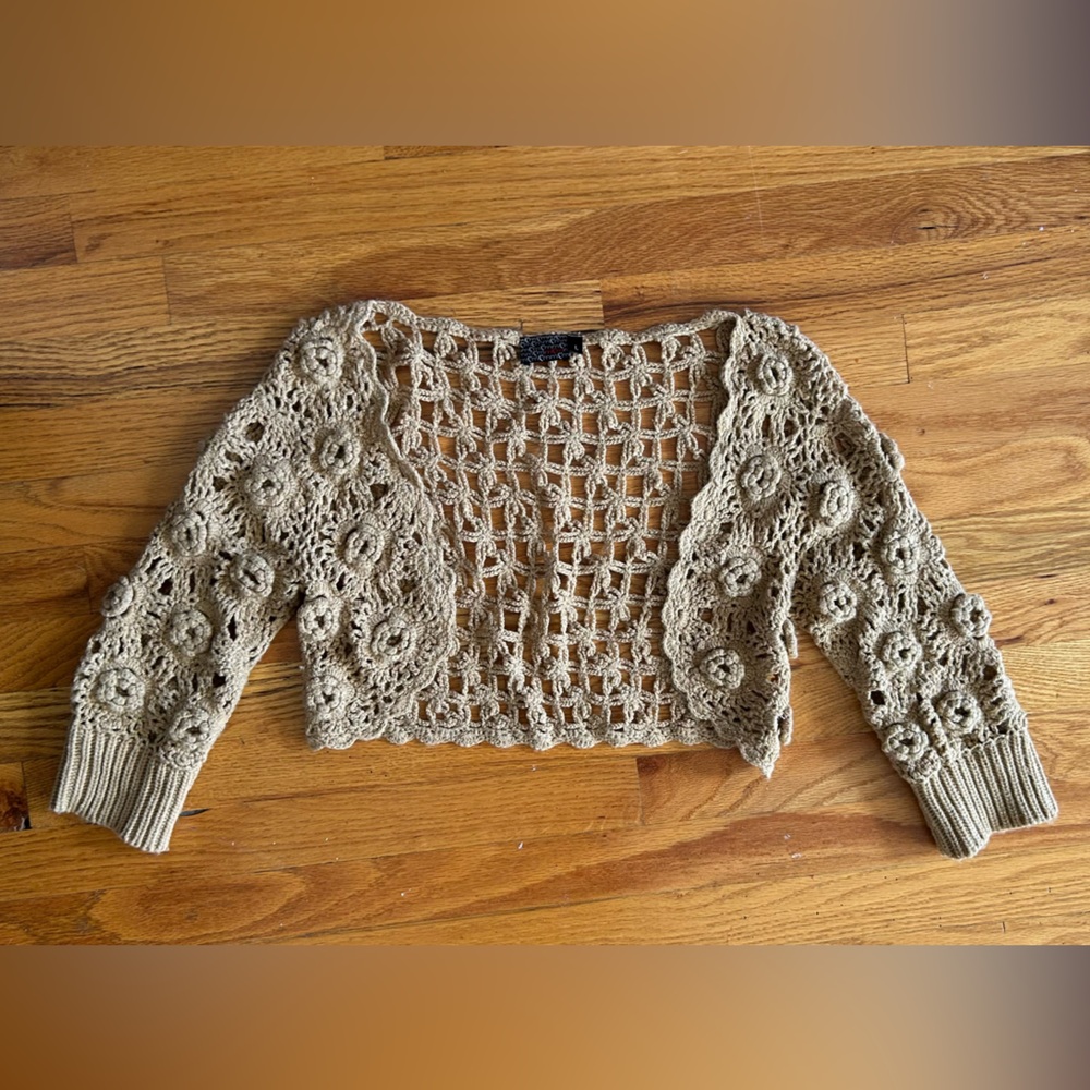 Share Vintage Sweater Shrug Tan Crochet Crop Y2k Scene Large Bohemian